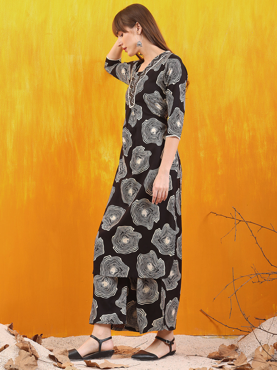 Embroidered & Floral Printed Kurta With Palazzo Co-Ords Set, Black - Hiral Fashion
