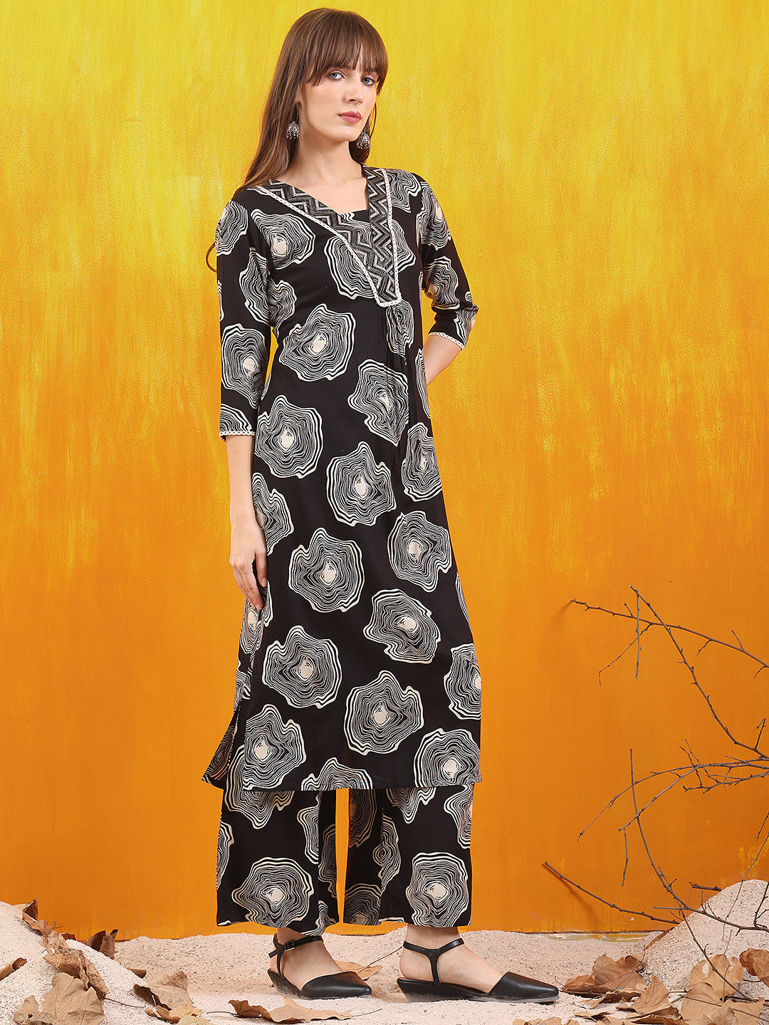 Embroidered & Floral Printed Kurta With Palazzo Co-Ords Set, Black - Hiral Fashion