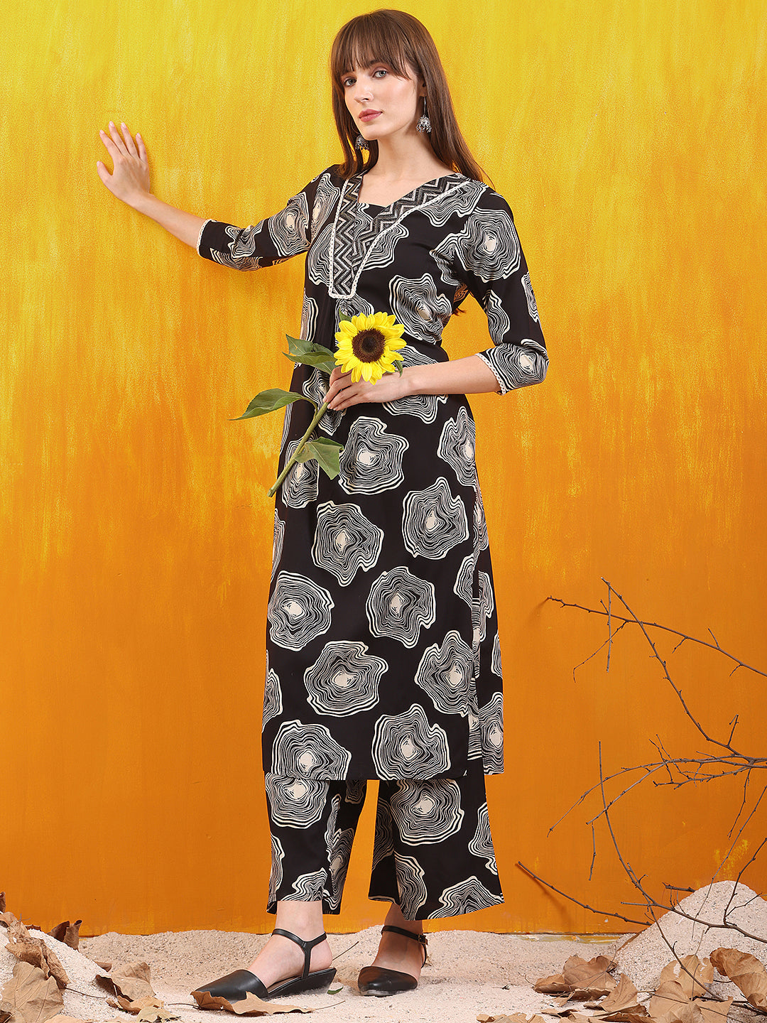 Embroidered & Floral Printed Kurta With Palazzo Co-Ords Set, Black - Hiral Fashion