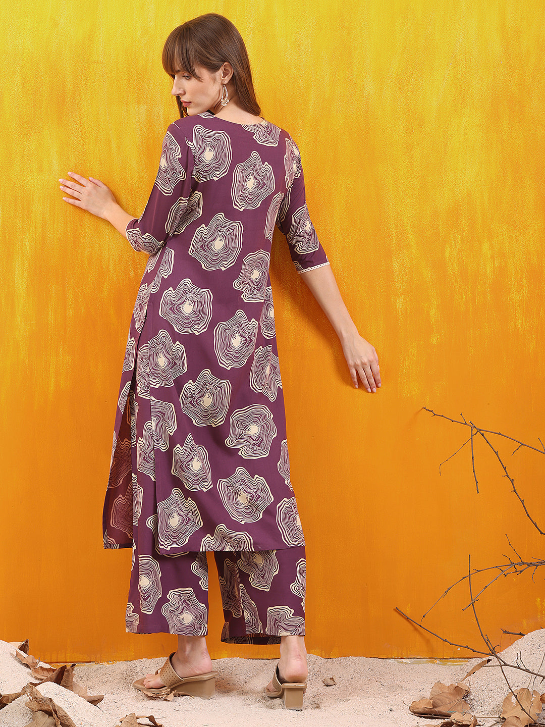 Embroidered & Floral Printed Kurta With Palazzo Co-Ords Set, Lavender - Hiral Fashion