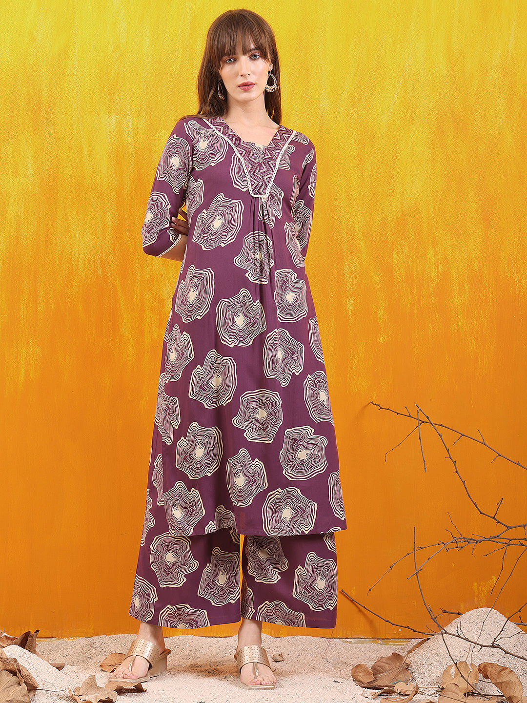 Embroidered & Floral Printed Kurta With Palazzo Co-Ords Set, Lavender - Hiral Fashion