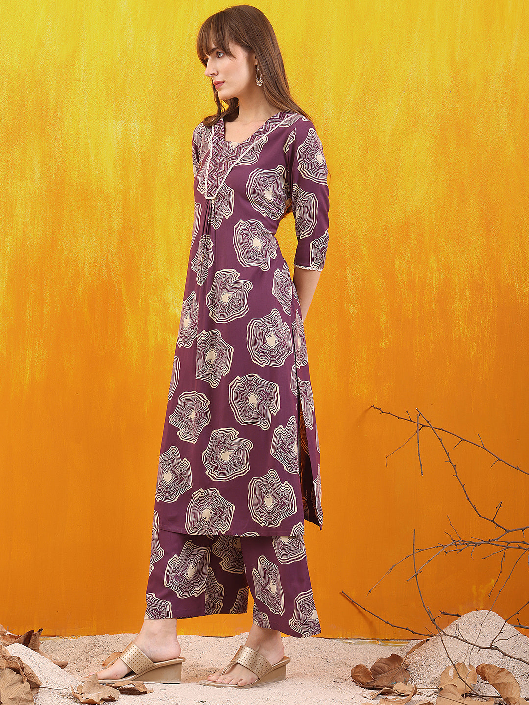 Embroidered & Floral Printed Kurta With Palazzo Co-Ords Set, Lavender - Hiral Fashion