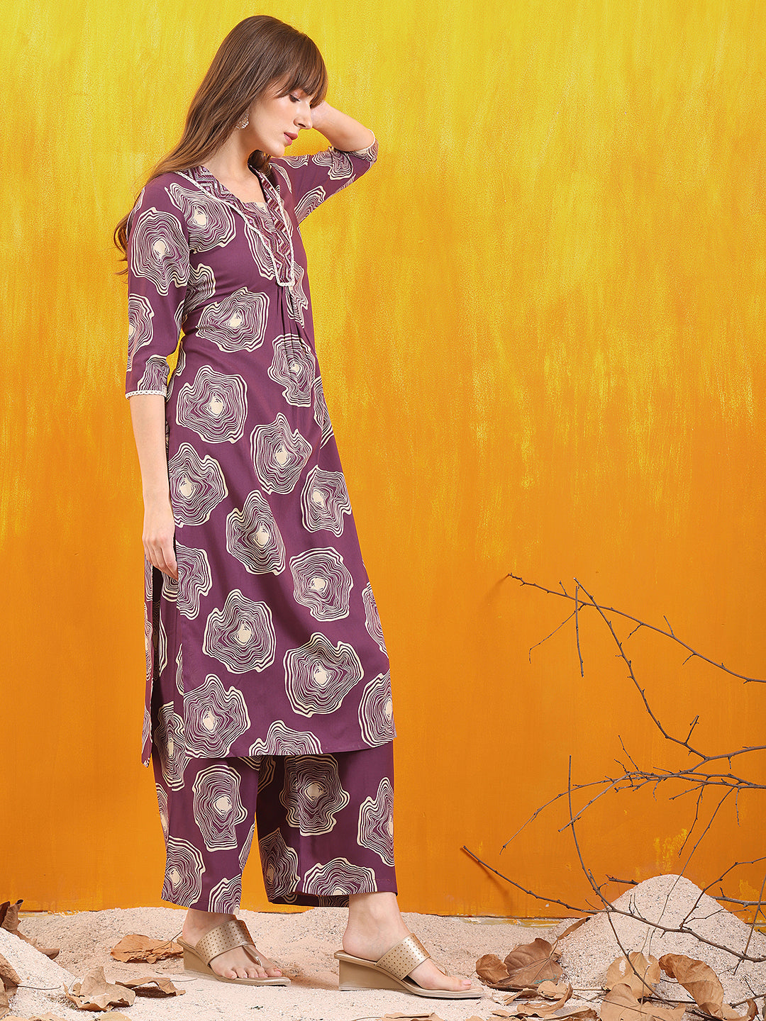 Embroidered & Floral Printed Kurta With Palazzo Co-Ords Set, Lavender - Hiral Fashion