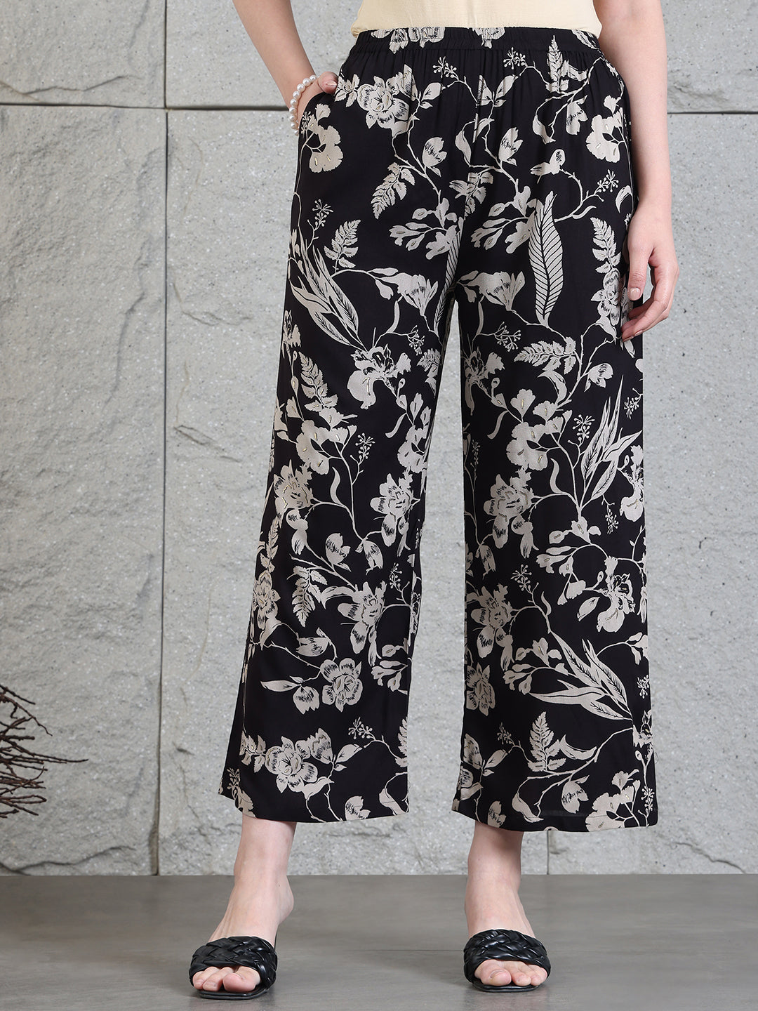 Botanical Printed Kurta With Palazzo Co-Ords Set, Black - Hiral Fashion