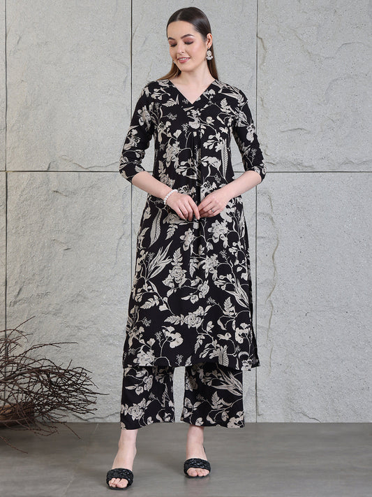 Botanical Printed Kurta With Palazzo Co-Ords Set, Black - Hiral Fashion