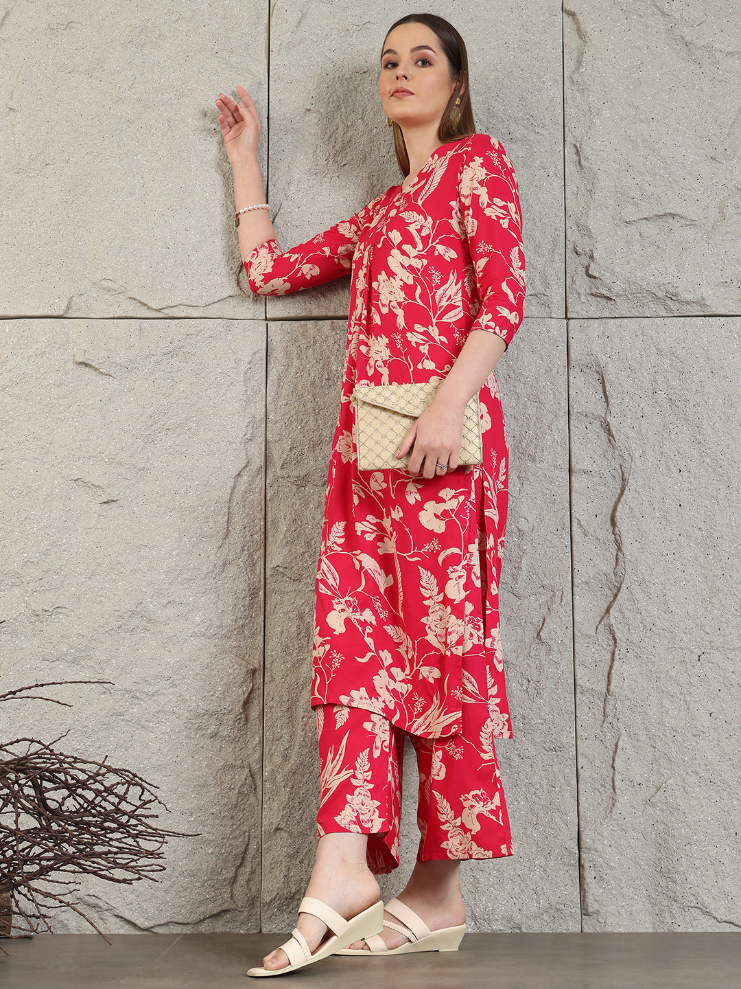 Botanical Printed Kurta With Palazzo Co-Ords Set, Pink - Hiral Fashion