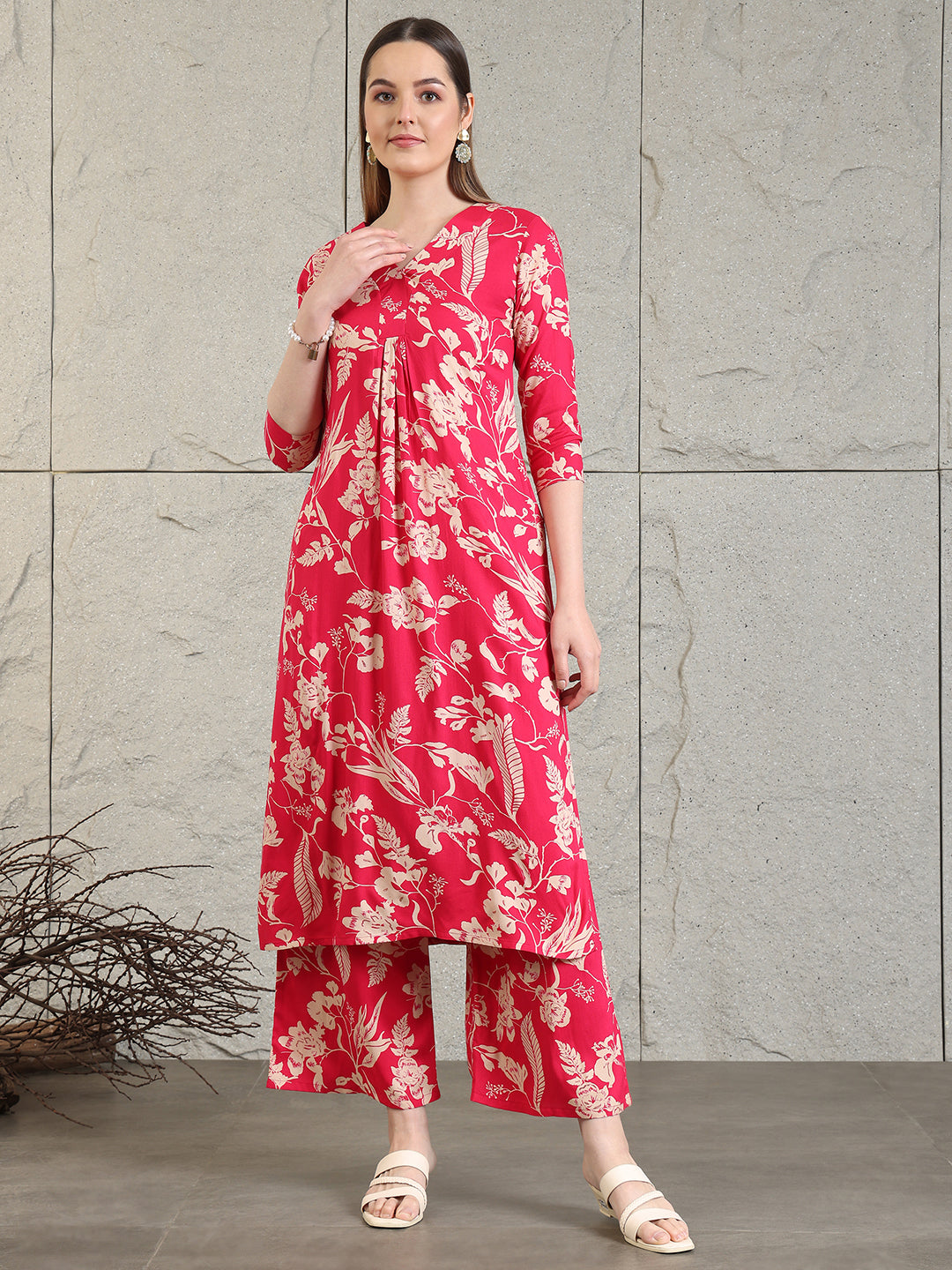 Botanical Printed Kurta With Palazzo Co-Ords Set, Pink - Hiral Fashion