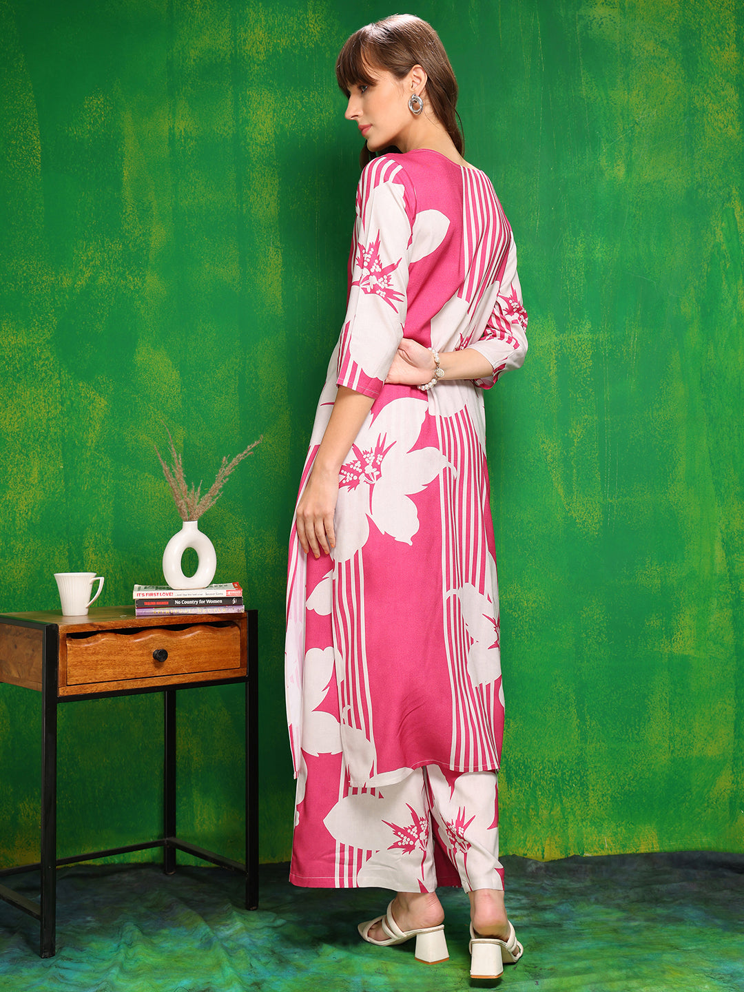 Embroidered & Floral Printed Kurta With Palazzo Pant, Pink - Hiral Fashion