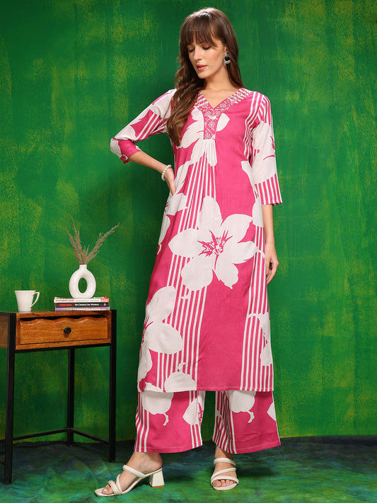 Embroidered & Floral Printed Kurta With Palazzo Pant, Pink - Hiral Fashion