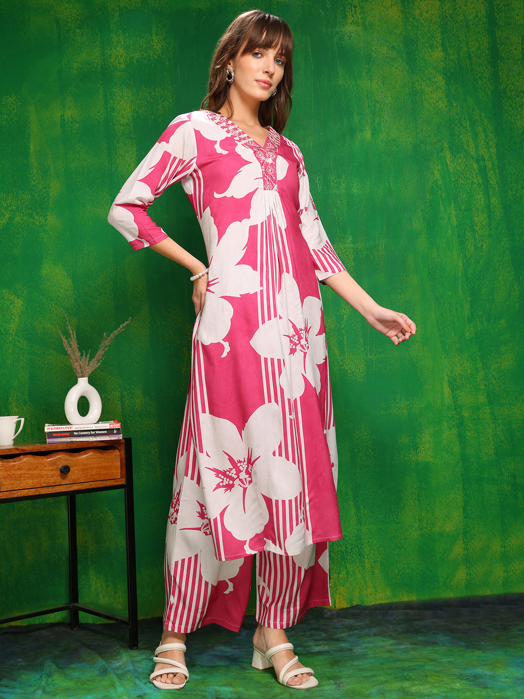 Embroidered & Floral Printed Kurta With Palazzo Pant, Pink - Hiral Fashion