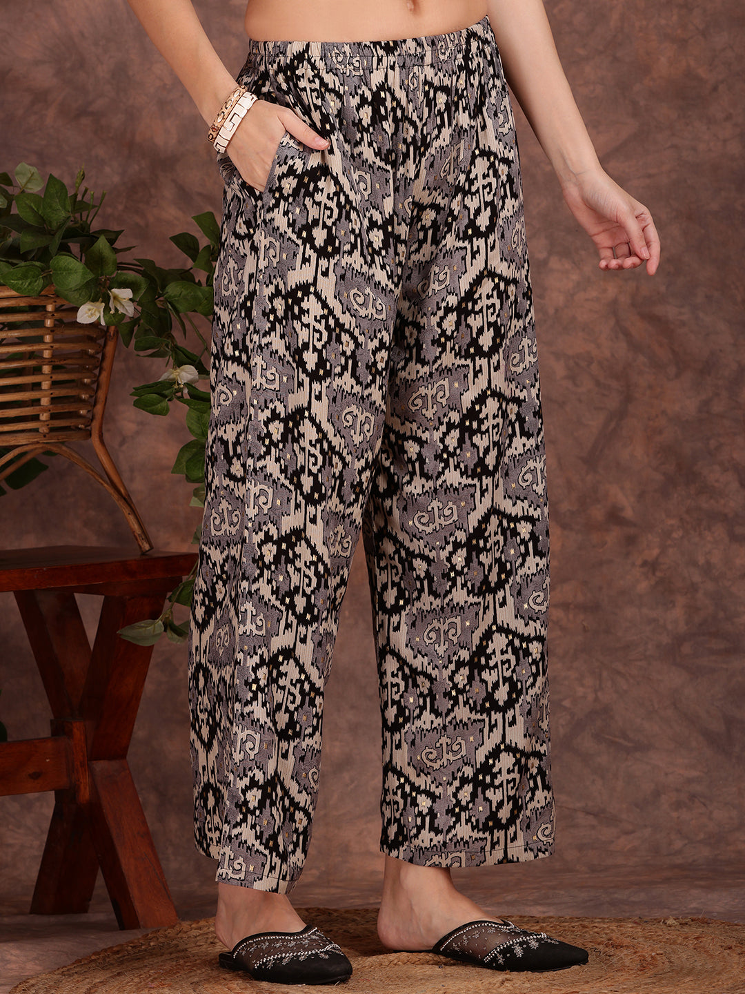 Ethnic Motifs Printed Lace Detailing Kurta And Palazzo, Black - Hiral Fashion