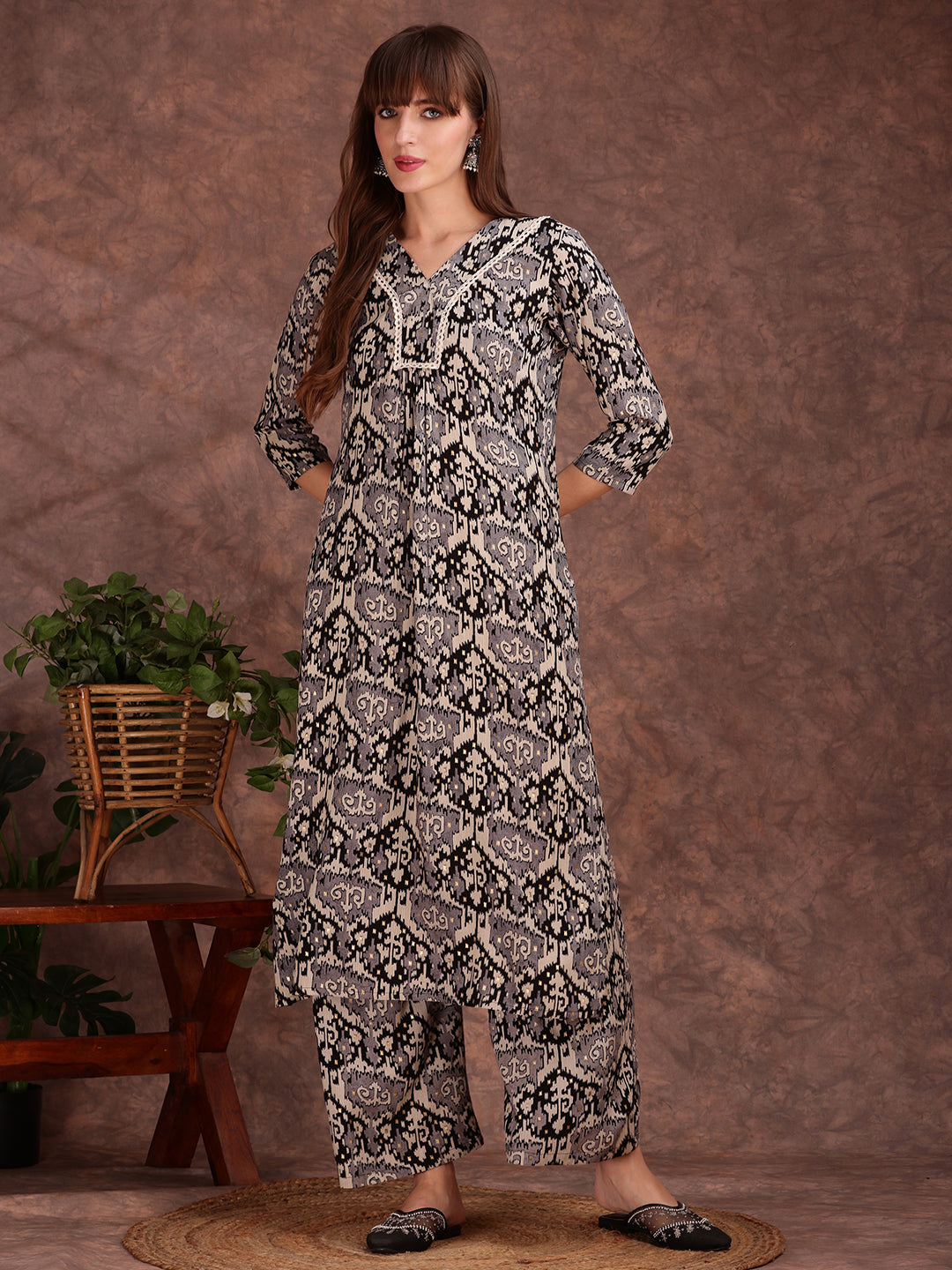 Ethnic Motifs Printed Lace Detailing Kurta And Palazzo, Black - Hiral Fashion