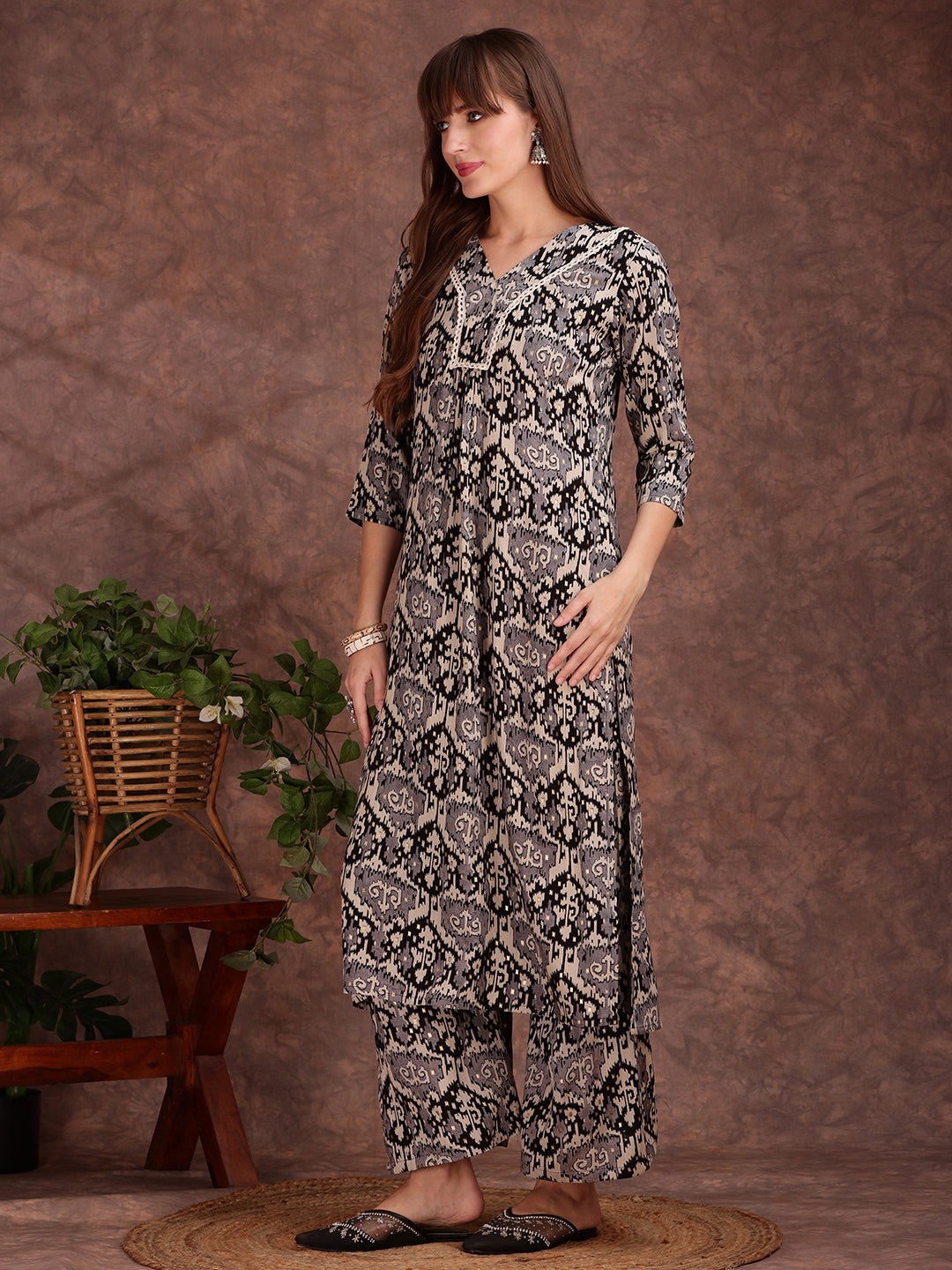Ethnic Motifs Printed Lace Detailing Kurta And Palazzo, Black - Hiral Fashion
