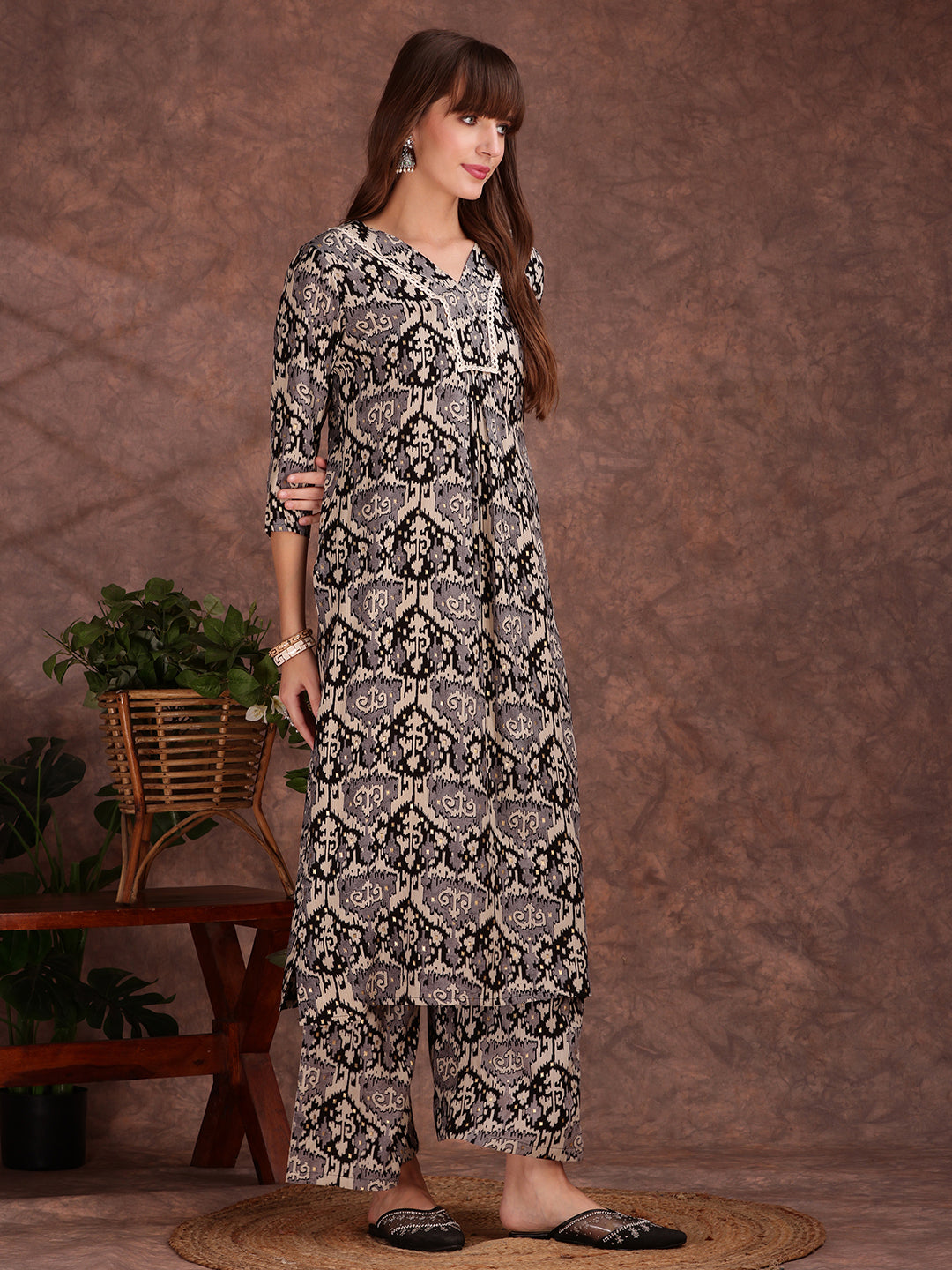 Ethnic Motifs Printed Lace Detailing Kurta And Palazzo, Black - Hiral Fashion