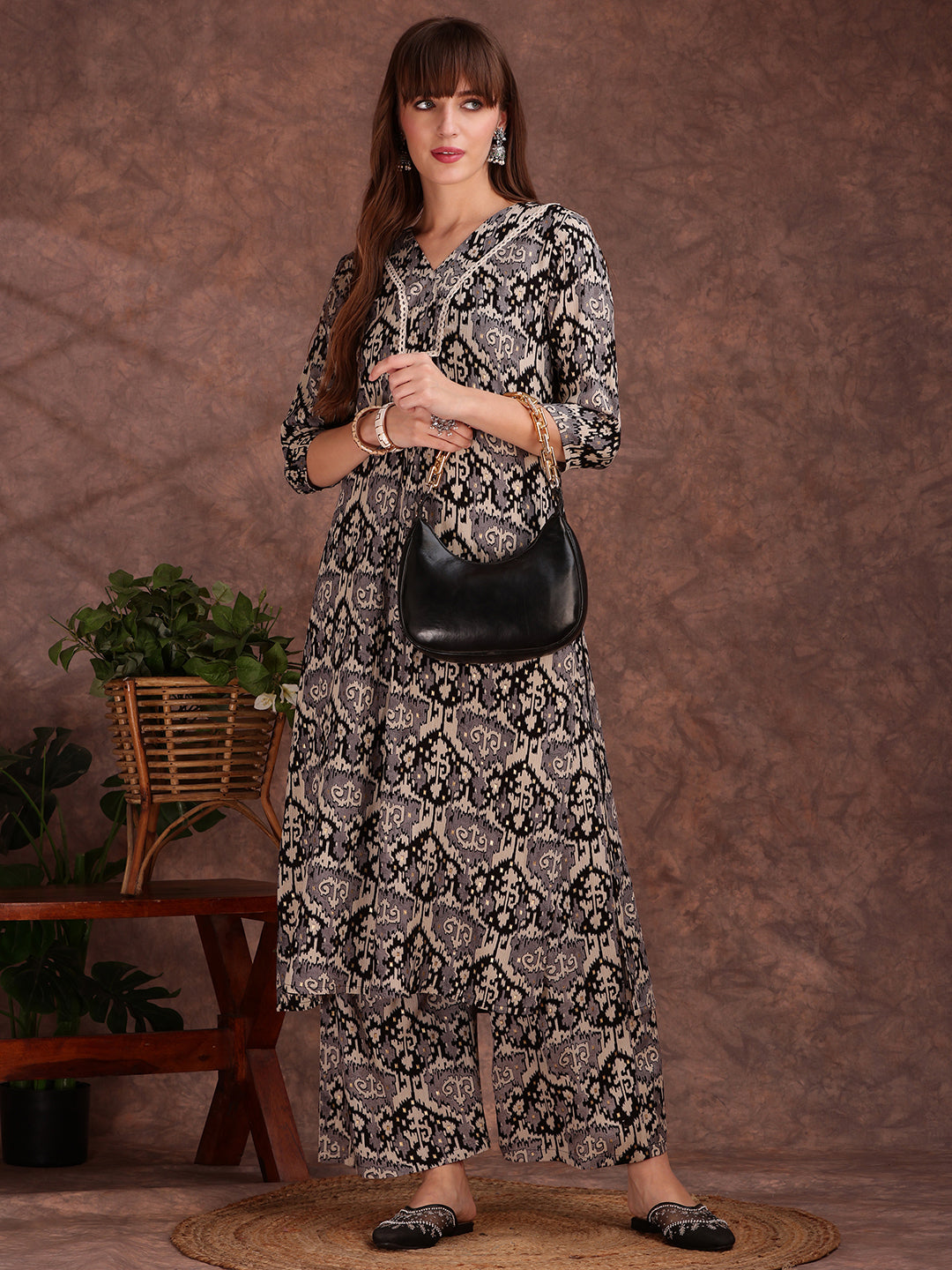 Ethnic Motifs Printed Lace Detailing Kurta And Palazzo, Black - Hiral Fashion