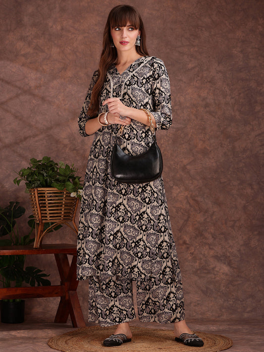 Ethnic Motifs Printed Lace Detailing Kurta And Palazzo, Black - Hiral Fashion