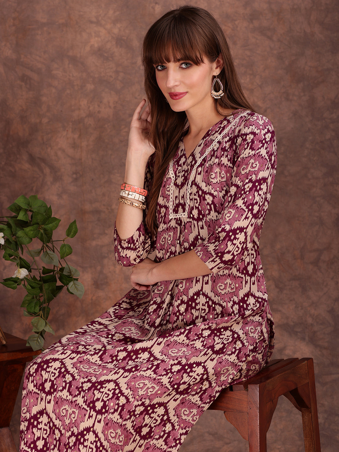 Ethnic Motifs Printed Lace Detailing Kurta And Palazzo, Wine - Hiral Fashion
