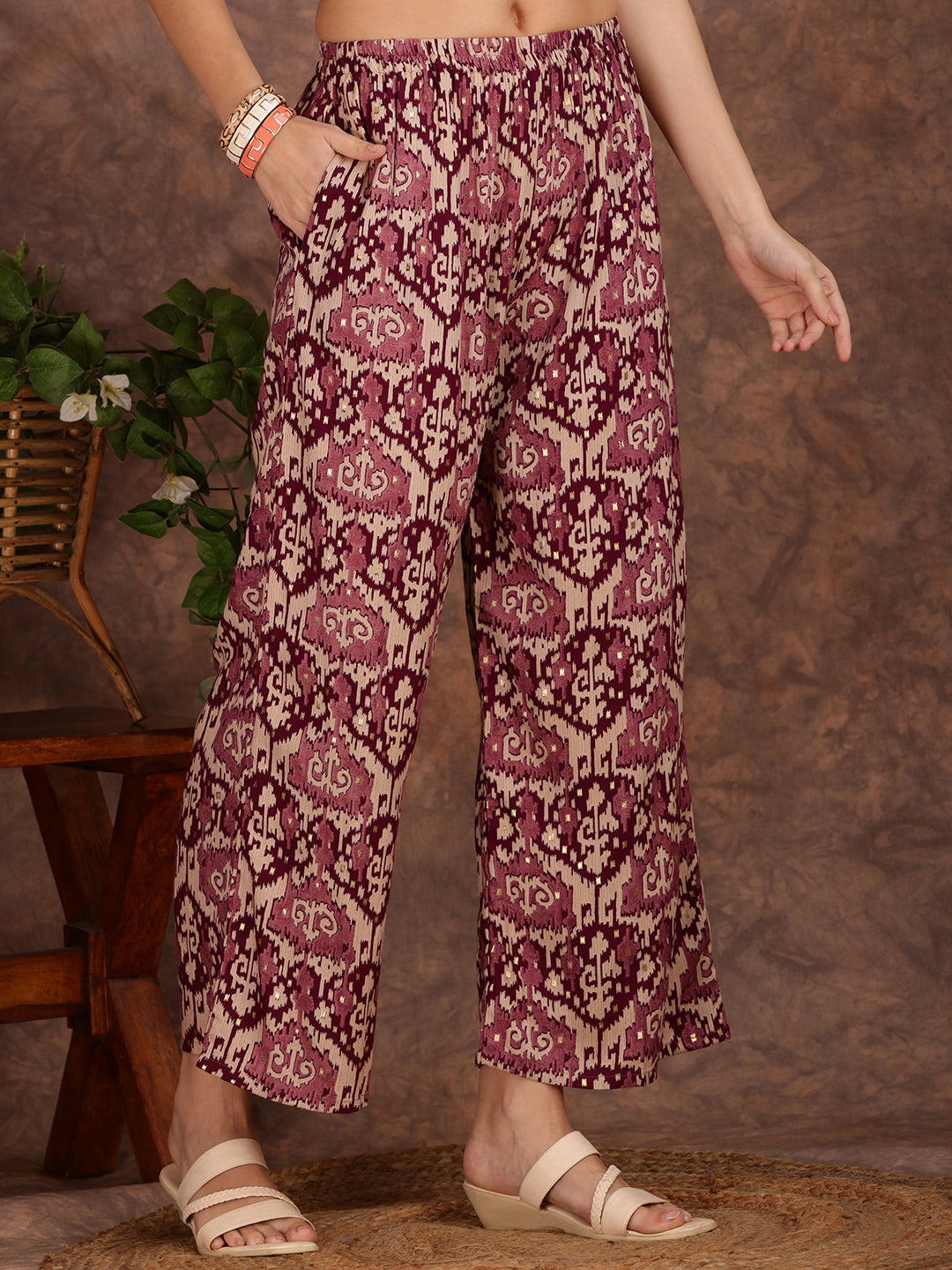 Ethnic Motifs Printed Lace Detailing Kurta And Palazzo, Wine - Hiral Fashion
