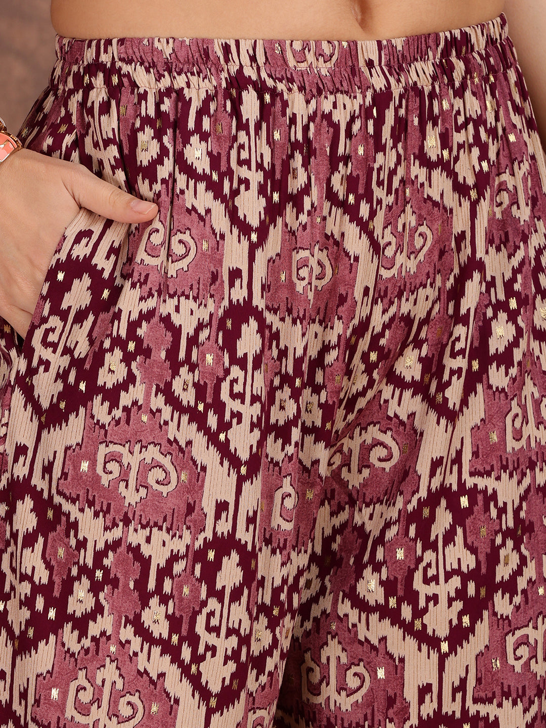 Ethnic Motifs Printed Lace Detailing Kurta And Palazzo, Wine - Hiral Fashion
