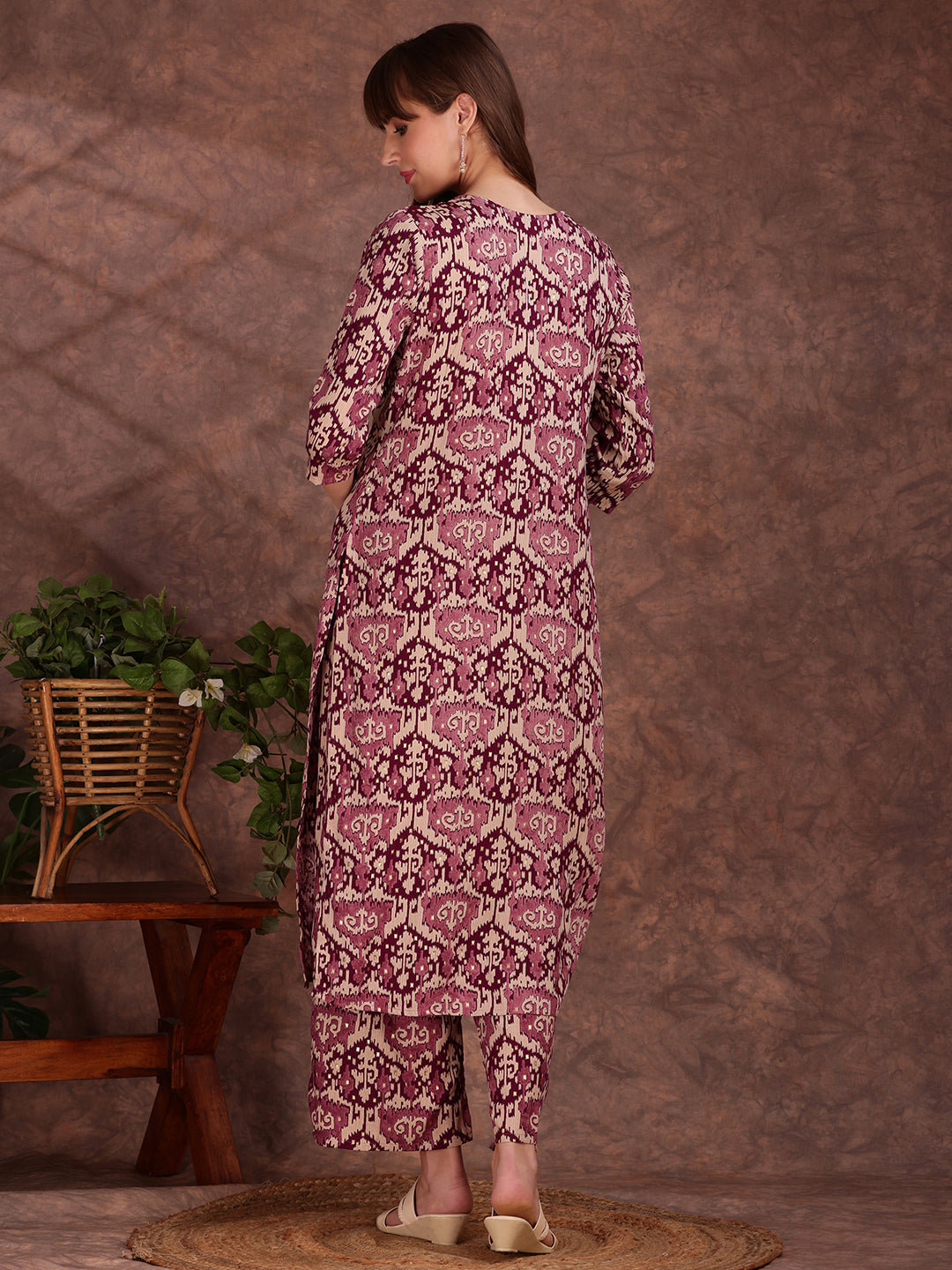 Ethnic Motifs Printed Lace Detailing Kurta And Palazzo, Wine - Hiral Fashion