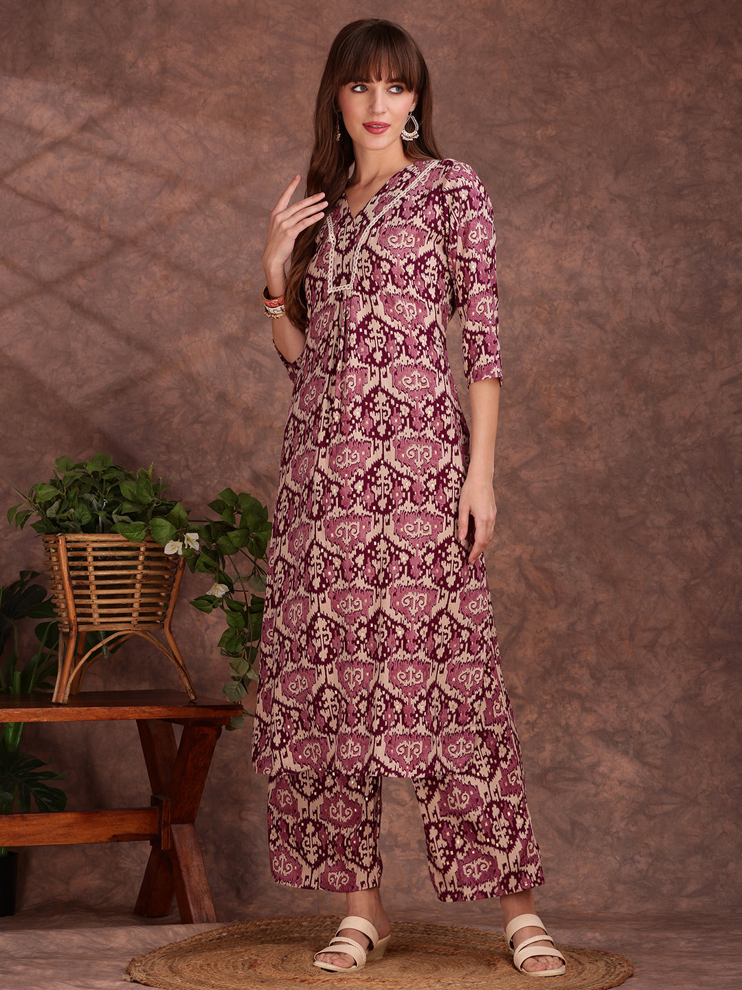 Ethnic Motifs Printed Lace Detailing Kurta And Palazzo, Wine - Hiral Fashion