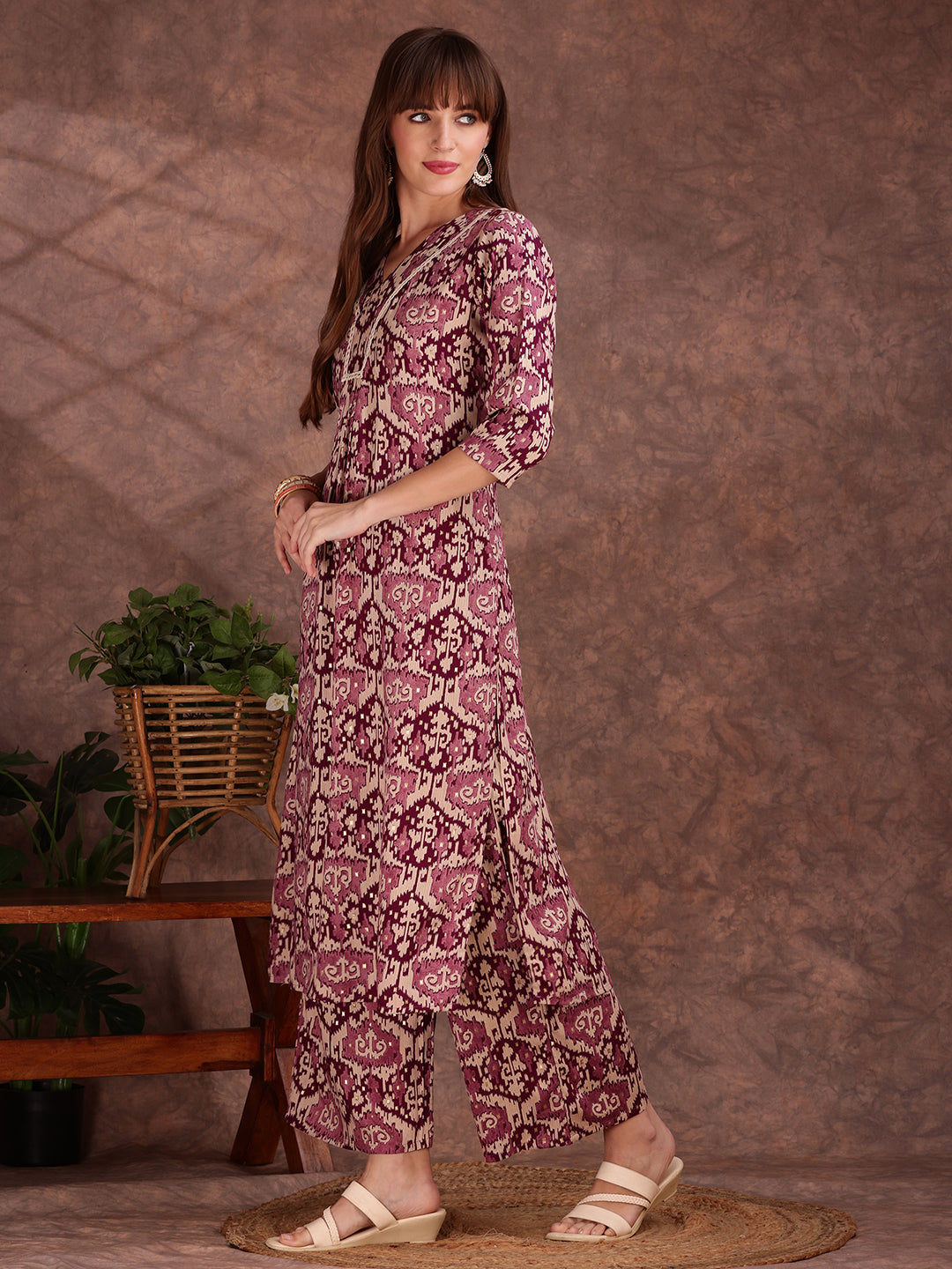 Ethnic Motifs Printed Lace Detailing Kurta And Palazzo, Wine - Hiral Fashion