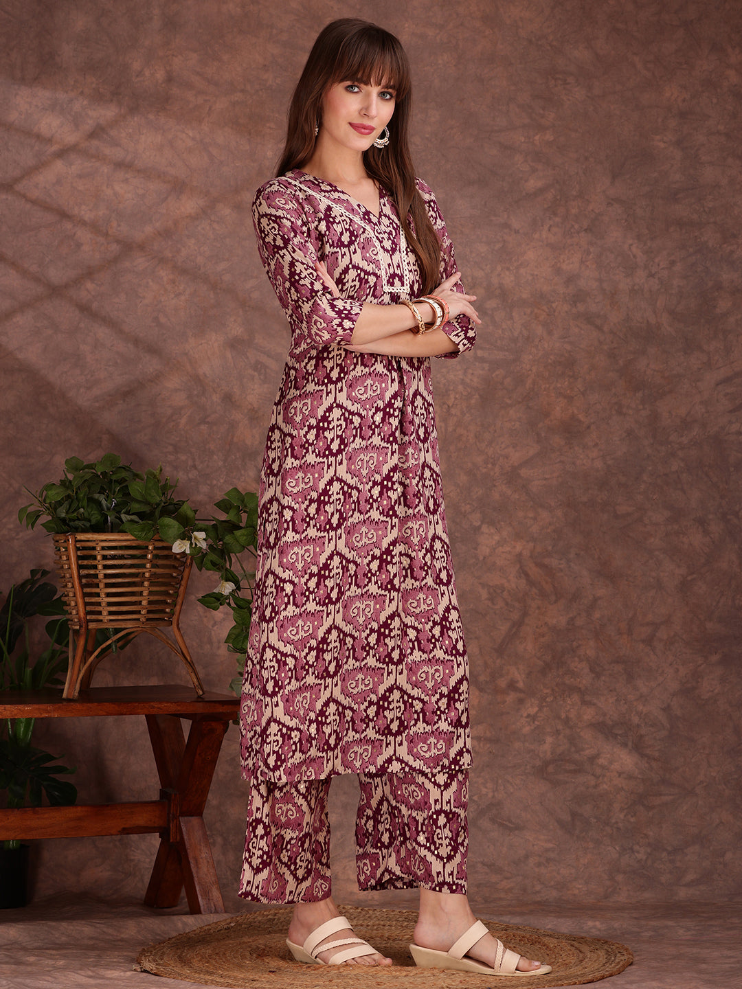Ethnic Motifs Printed Lace Detailing Kurta And Palazzo, Wine - Hiral Fashion