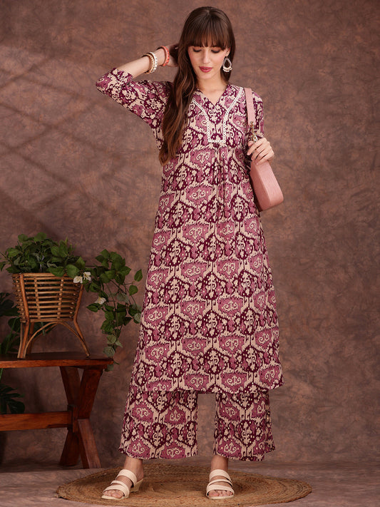 Ethnic Motifs Printed Lace Detailing Kurta And Palazzo, Wine - Hiral Fashion