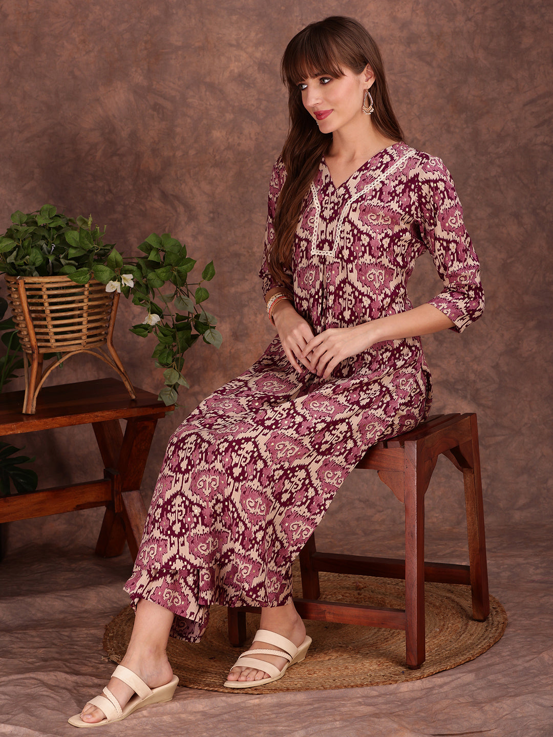 Ethnic Motifs Printed Lace Detailing Kurta And Palazzo, Wine - Hiral Fashion