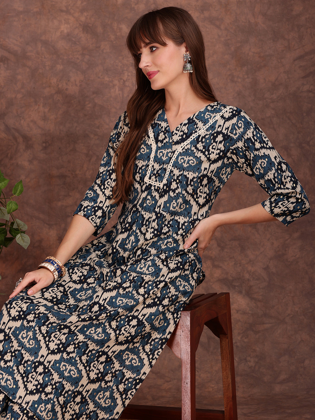 Ethnic Motifs Printed Lace Detailing Kurta And Palazzo, Teal - Hiral Fashion