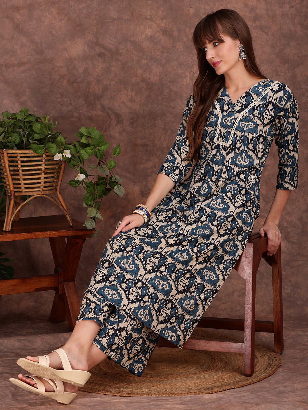 Ethnic Motifs Printed Lace Detailing Kurta And Palazzo, Teal - Hiral Fashion