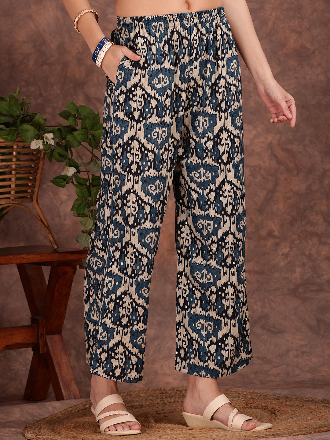 Ethnic Motifs Printed Lace Detailing Kurta And Palazzo, Teal - Hiral Fashion