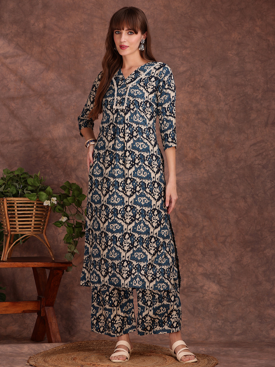 Ethnic Motifs Printed Lace Detailing Kurta And Palazzo, Teal - Hiral Fashion