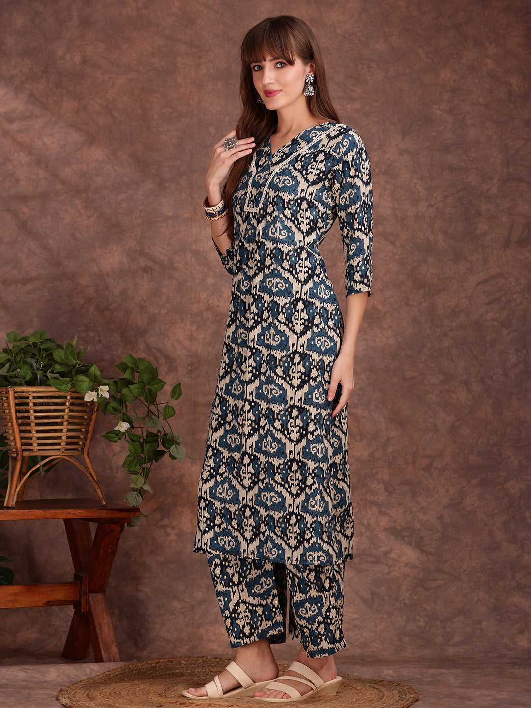 Ethnic Motifs Printed Lace Detailing Kurta And Palazzo, Teal - Hiral Fashion