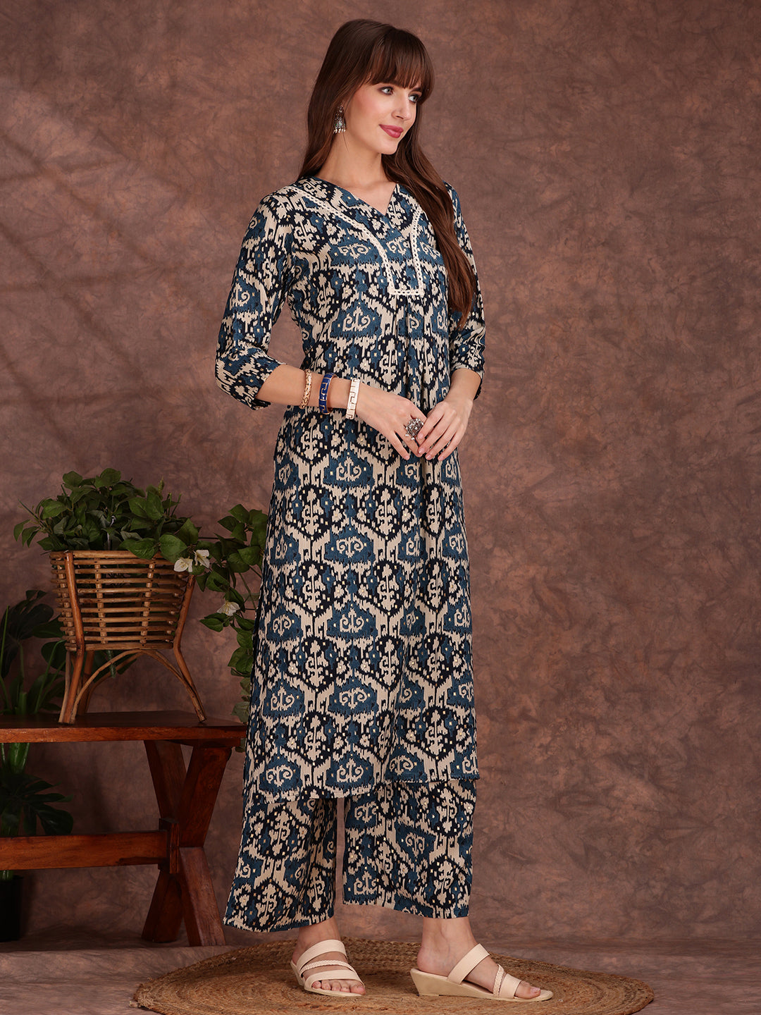 Ethnic Motifs Printed Lace Detailing Kurta And Palazzo, Teal - Hiral Fashion