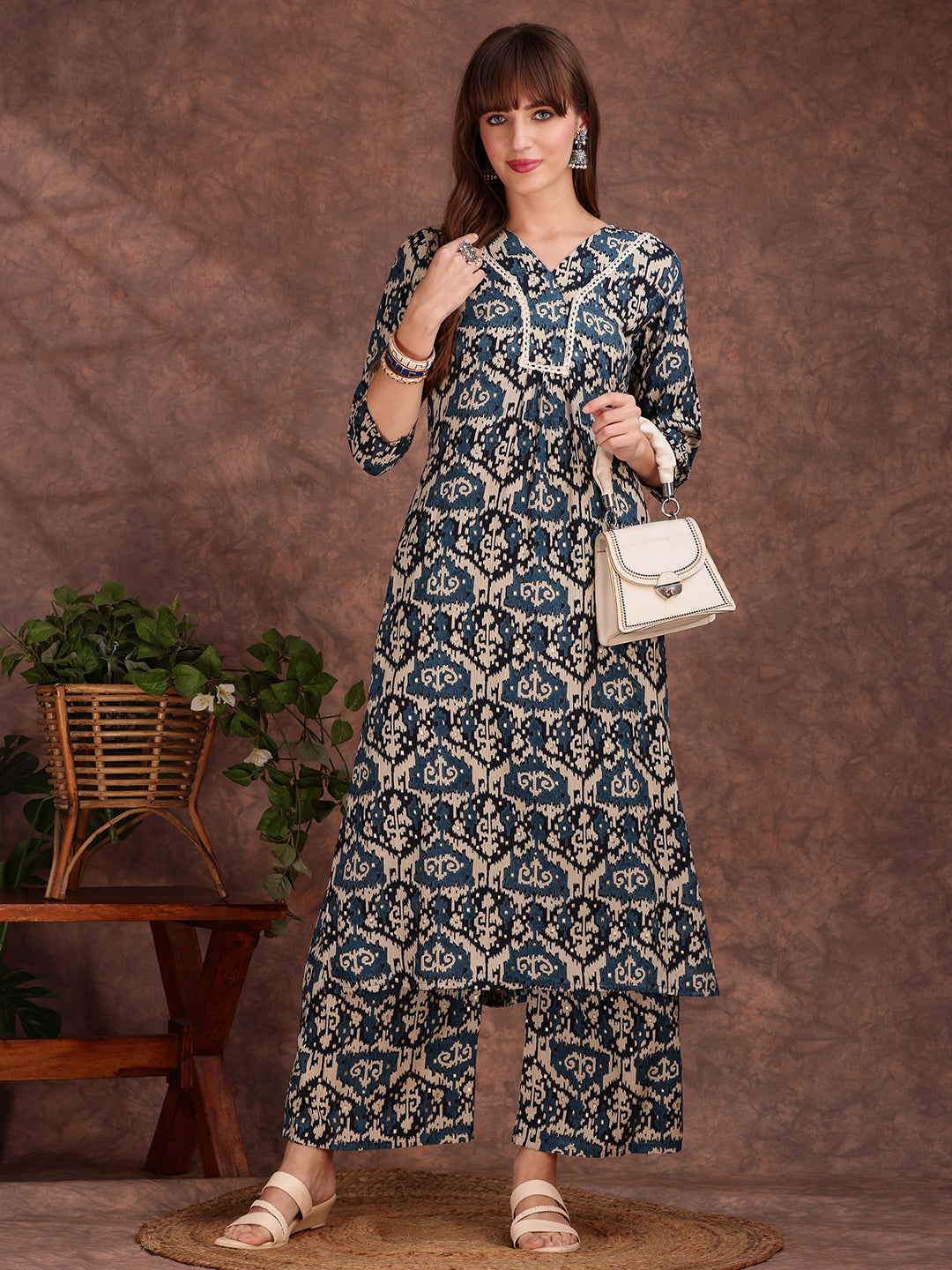 Ethnic Motifs Printed Lace Detailing Kurta And Palazzo, Teal - Hiral Fashion