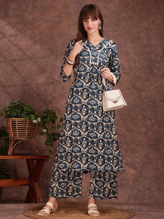 Ethnic Motifs Printed Lace Detailing Kurta And Palazzo, Teal - Hiral Fashion