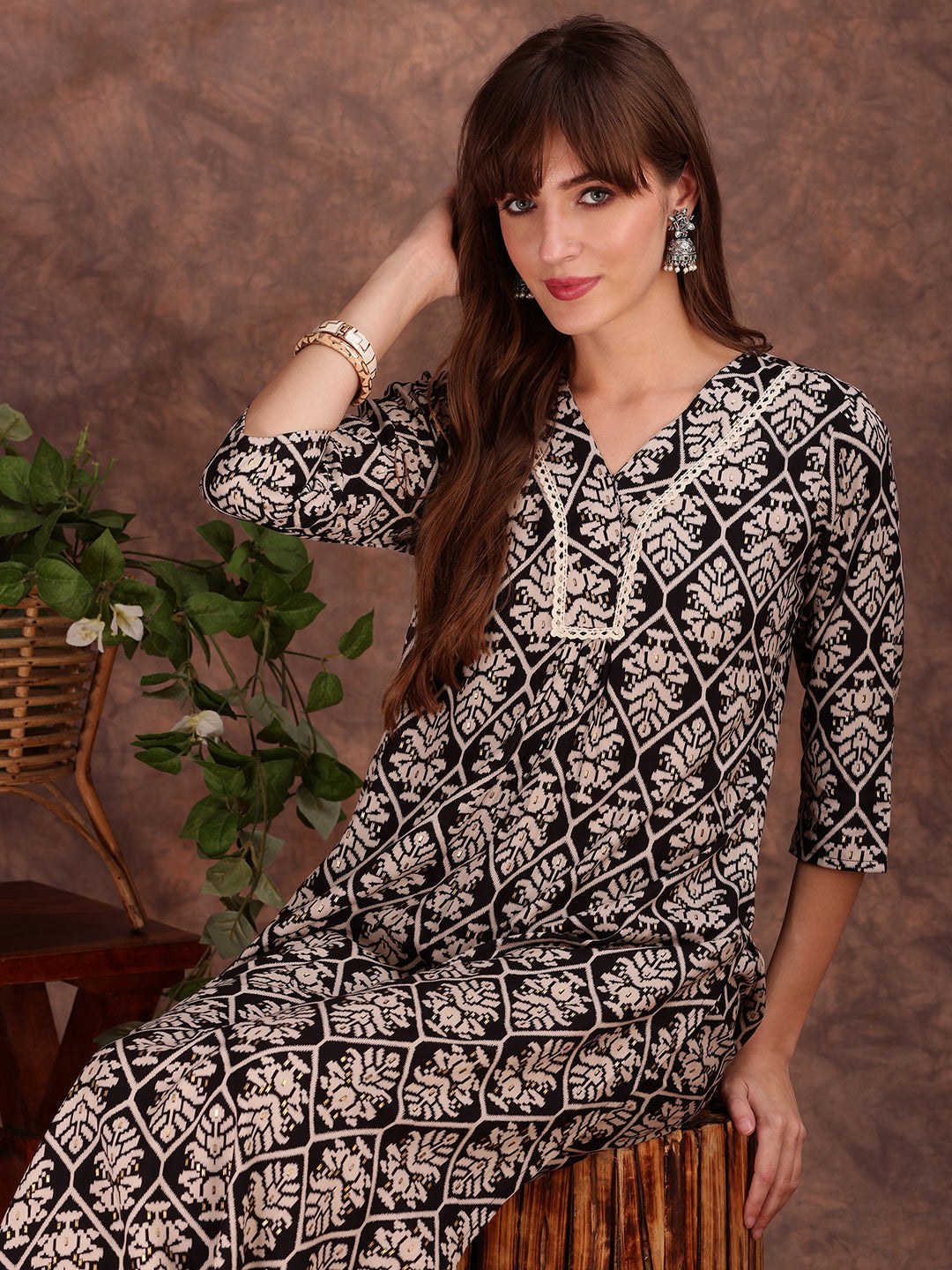 Ethnic Motifs Printed Lace Detailing Kurta And Palazzo, Black - Hiral Fashion