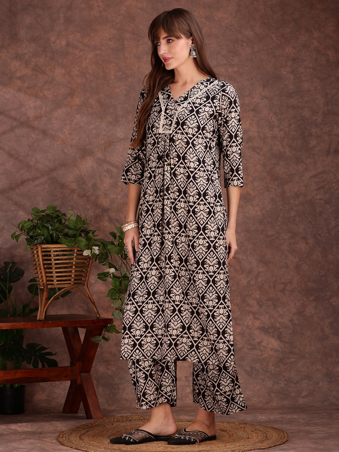 Ethnic Motifs Printed Lace Detailing Kurta And Palazzo, Black - Hiral Fashion