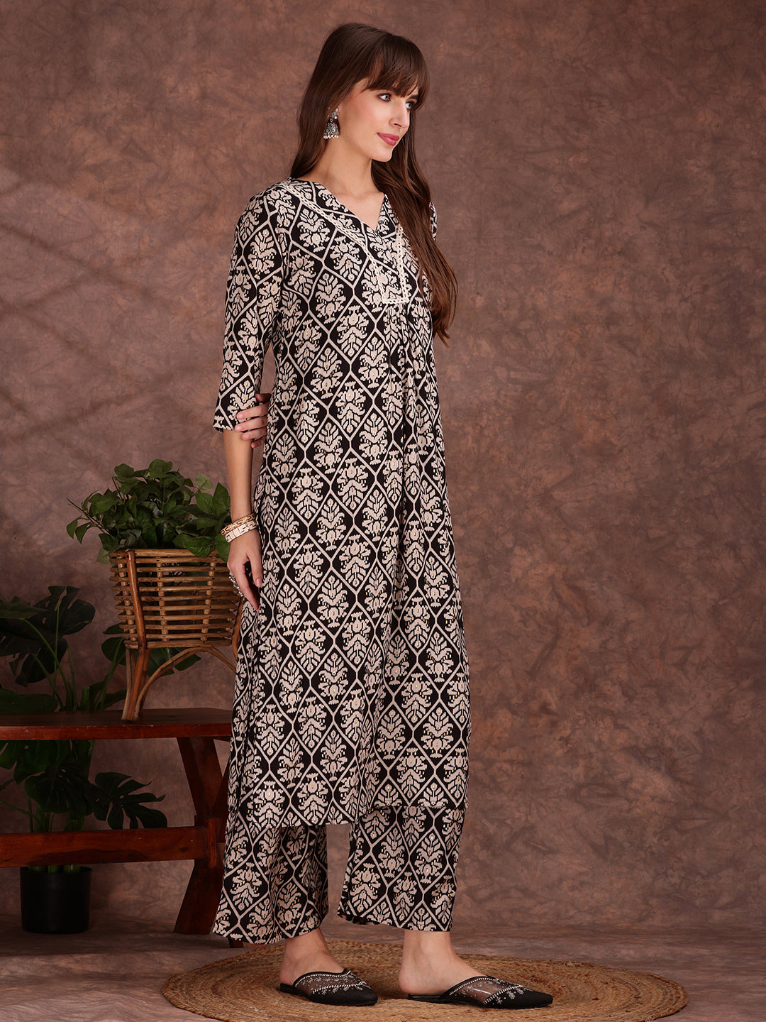 Ethnic Motifs Printed Lace Detailing Kurta And Palazzo, Black - Hiral Fashion