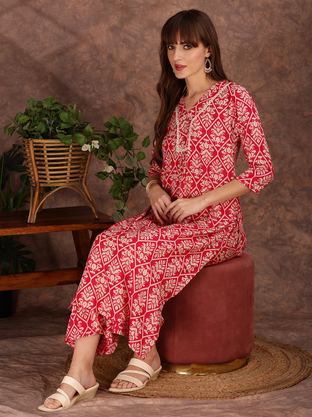 Ethnic Motifs Printed Lace Detailing Kurta And Palazzo, Pink - Hiral Fashion