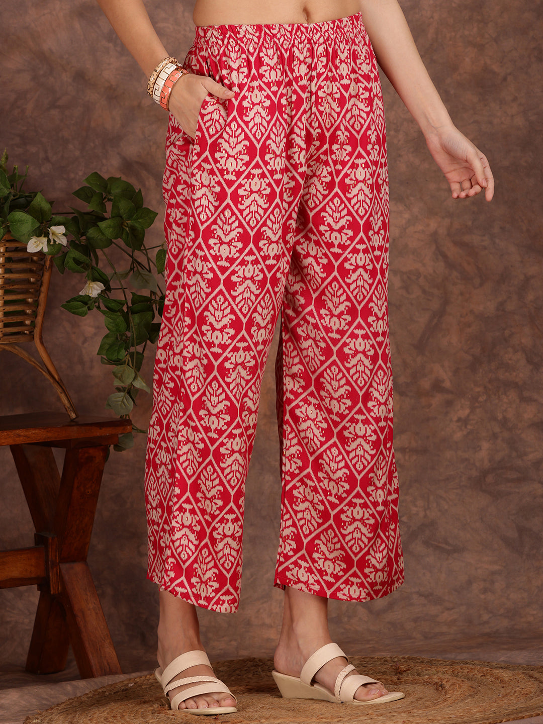 Ethnic Motifs Printed Lace Detailing Kurta And Palazzo, Pink - Hiral Fashion