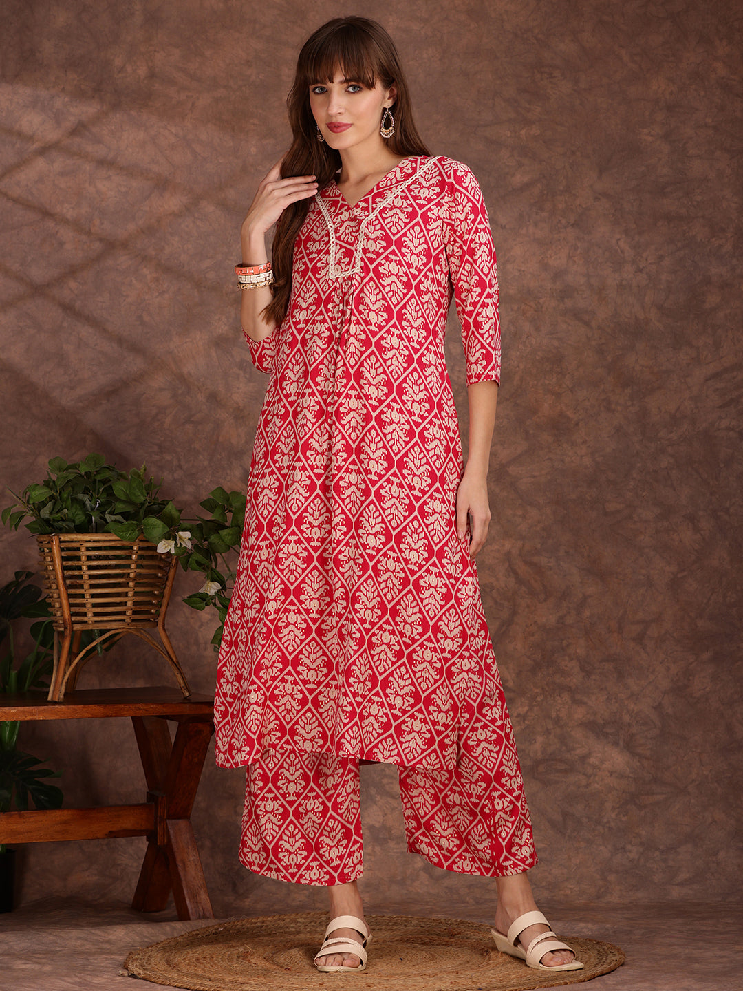 Ethnic Motifs Printed Lace Detailing Kurta And Palazzo, Pink - Hiral Fashion