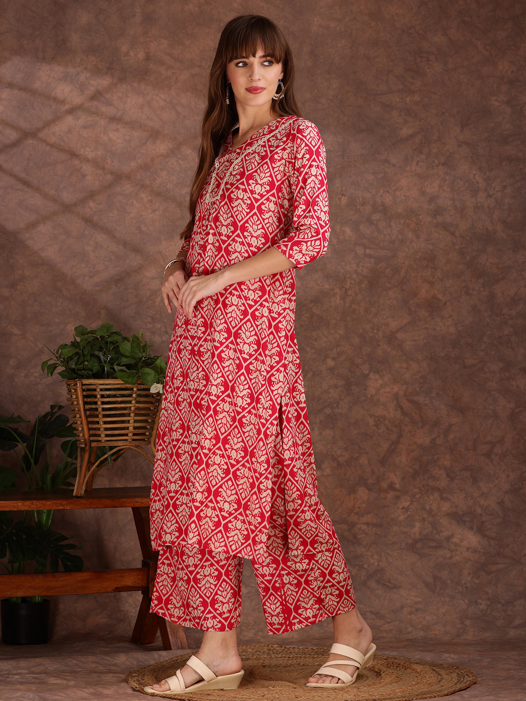 Ethnic Motifs Printed Lace Detailing Kurta And Palazzo, Pink - Hiral Fashion