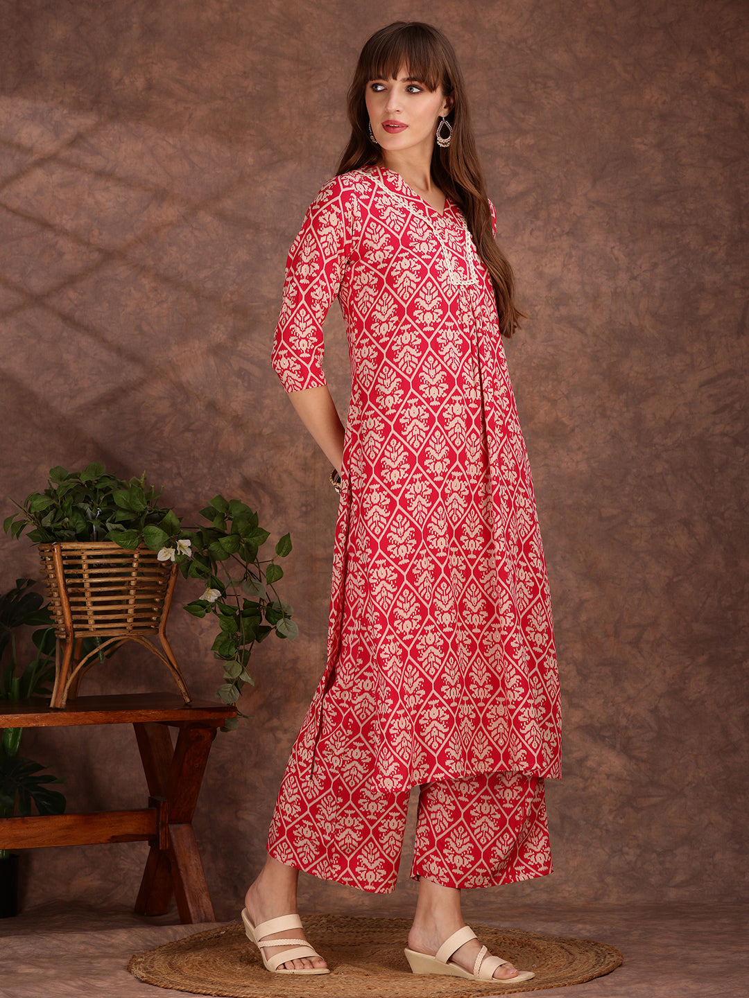 Ethnic Motifs Printed Lace Detailing Kurta And Palazzo, Pink - Hiral Fashion