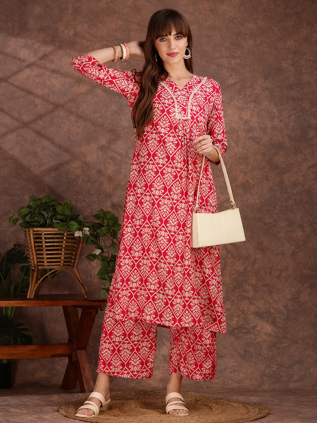 Ethnic Motifs Printed Lace Detailing Kurta And Palazzo, Pink - Hiral Fashion