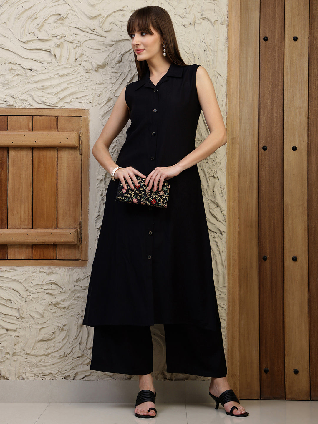 Shirt Style Kurta With Palazzo, Black - Hiral Fashion