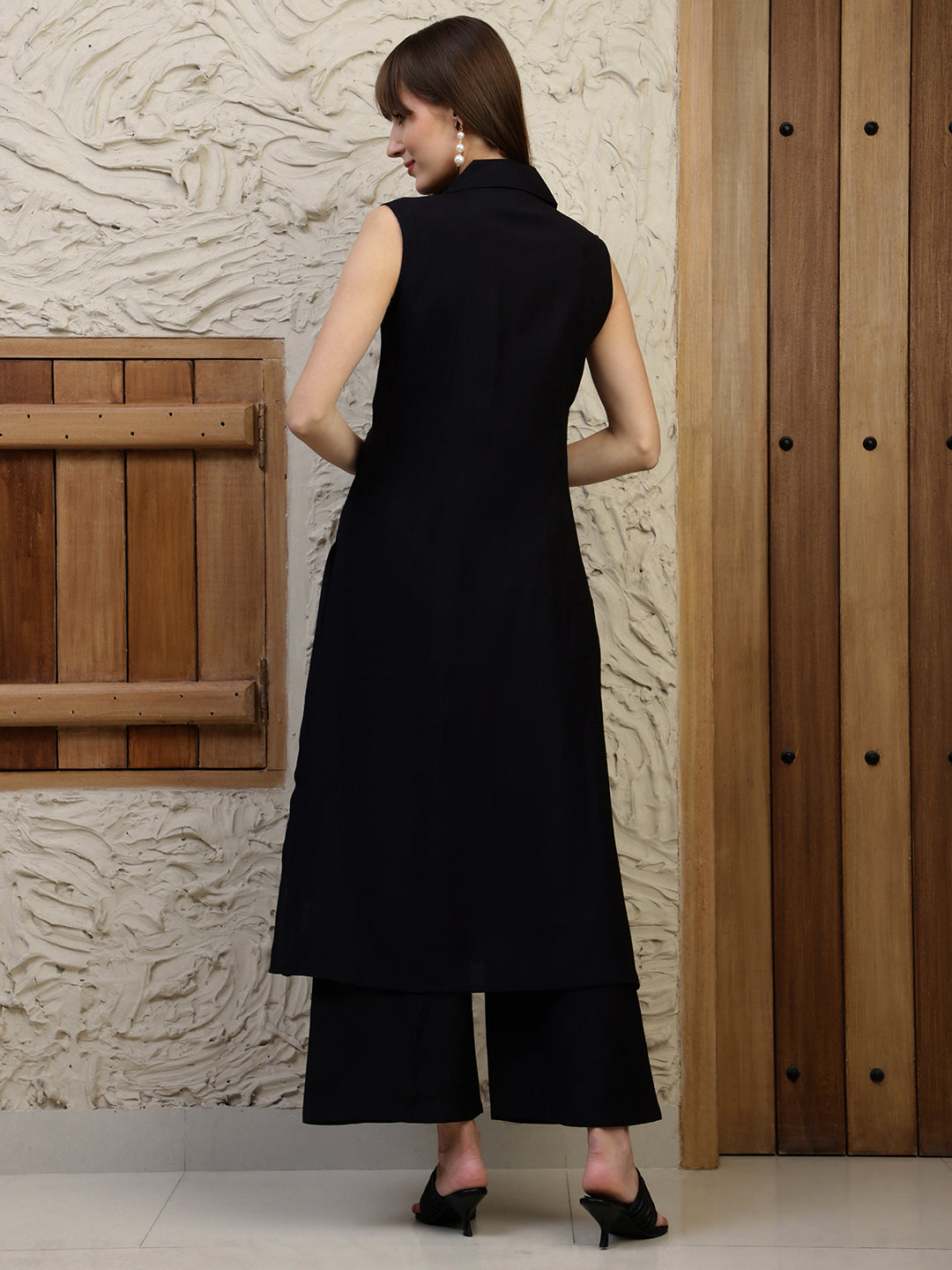Shirt Style Kurta With Palazzo, Black - Hiral Fashion