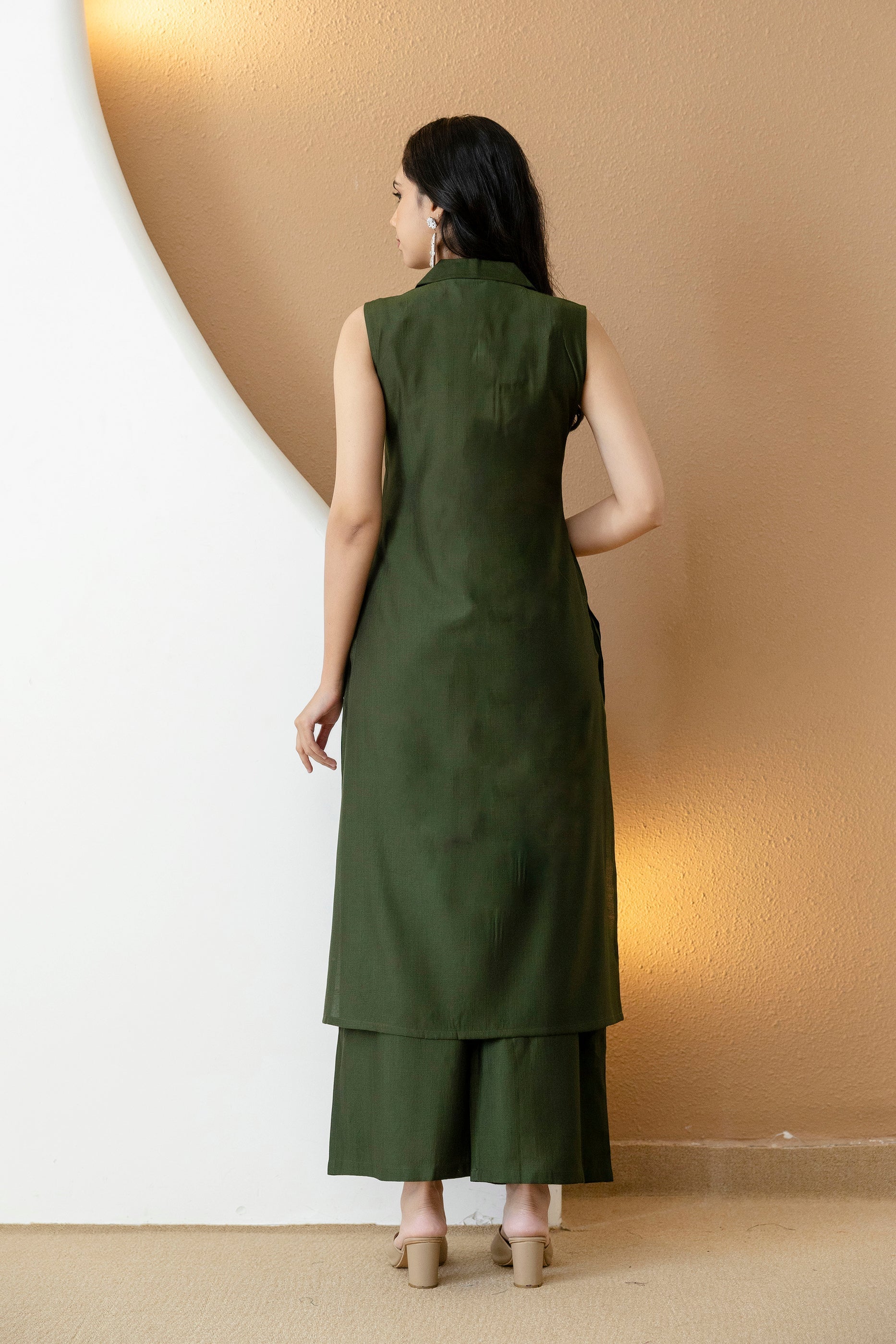 Shirt Style Kurta With Palazzo, Bottle-Green - Hiral Fashion