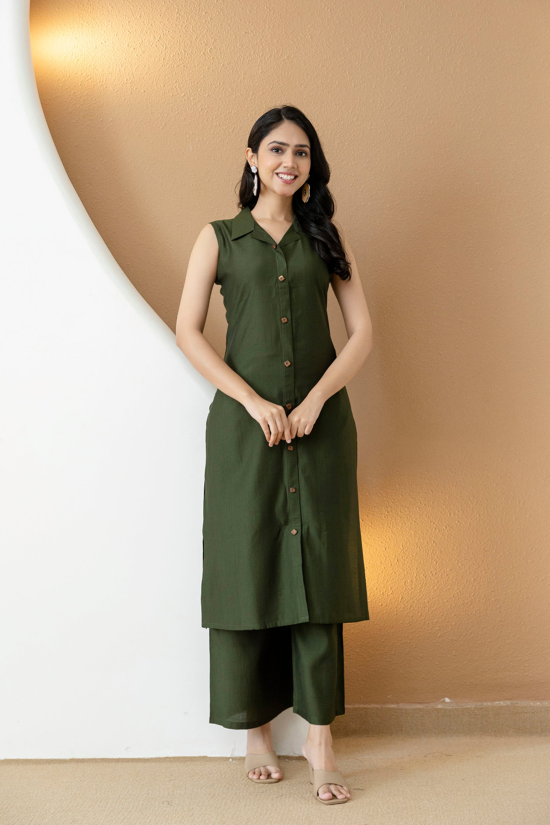 Shirt Style Kurta With Palazzo, Bottle-Green - Hiral Fashion